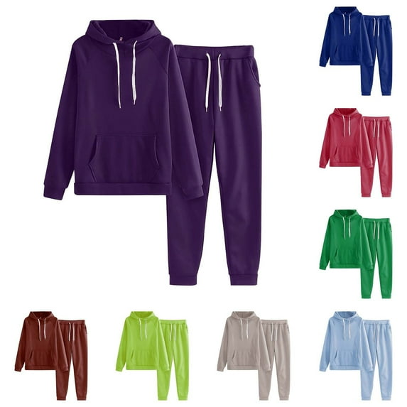 Outfits for Women 2 Piece Sets Ladies Solid Color Hooded Long Sleeve Sweatshirt with Pocket and Fleece Set
