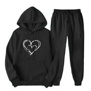 CHARELLA Outfits for Women 2 Piece Sets Long Sleeve Hoodies Tops Pants Jogger Sweatsuit Casual Heart Graphic Hooded Oversized Sweatshirt (Black L）