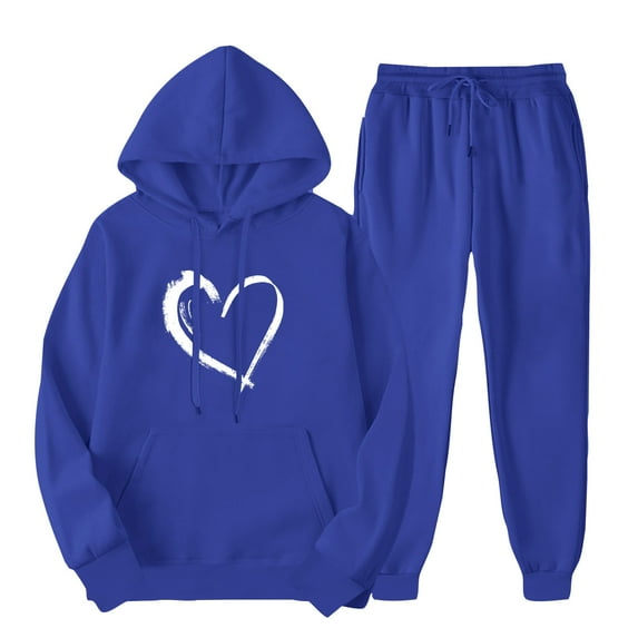 Outfits for Women 2 Piece Sets Long Sleeve Hoodies Tops Pants Jogger Sweatsuit Casual Heart Graphic Hooded Oversized Sweatshirt (Blue M)