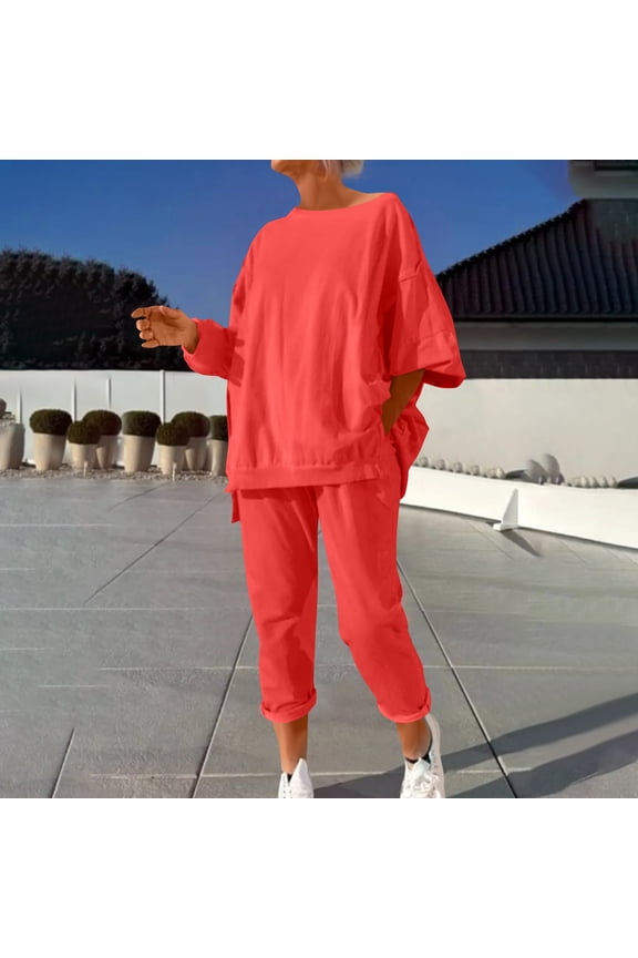 Outfits for Women 2 Piece Sets New Casual Sets for Women Fall Travel Outfits Sweatsuit 2 Piece Set Crewneck Sweatshirt and Sweatpants Suit Orange XXL