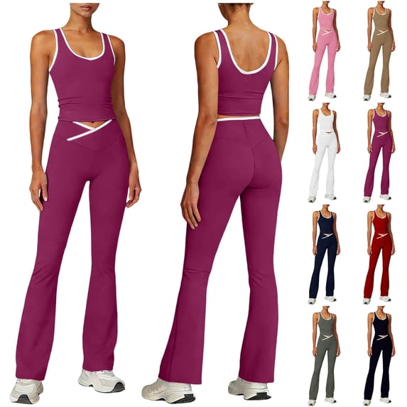 Outfits for Women 2 Piece Sets Plus Size Solid Color Crew Neck Sleeveless Crop Tops Flared Leggings Women Outdoor Sport Outfits Sets