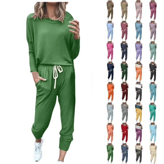 Outfits for Women Solid Color Round-Neck Long Sleeve Elastic Waist Pockets Long Pants Sets