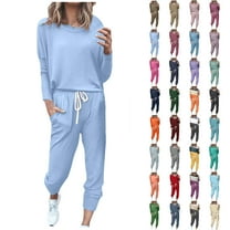 Outfits for Women Solid Color Round-Neck Long Sleeve Elastic Waist Pockets Long Pants Sets