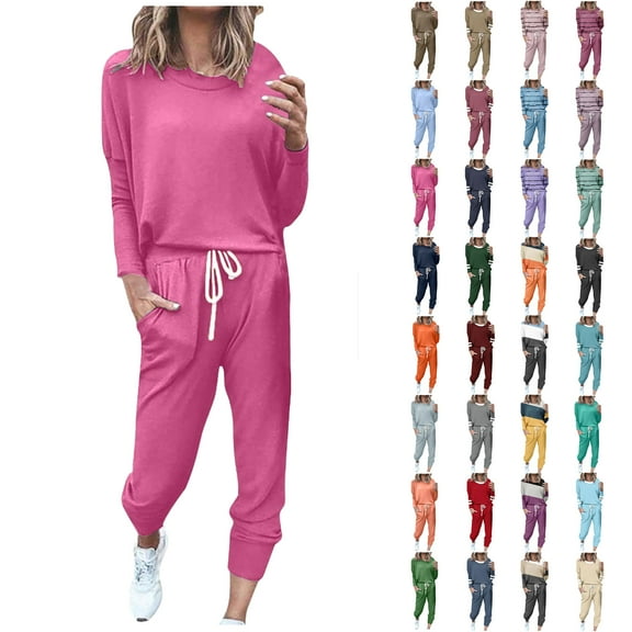 Outfits for Women Solid Color Round-Neck Long Sleeve Elastic Waist Pockets Long Pants Sets
