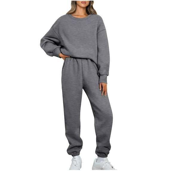 Outfits for Women Solid Color 2 Pieces Trendy Round Neck Long Sleeve Pullover Sweatshirts Jogger Pants Sweatsuit Set,Dark Gray,XL