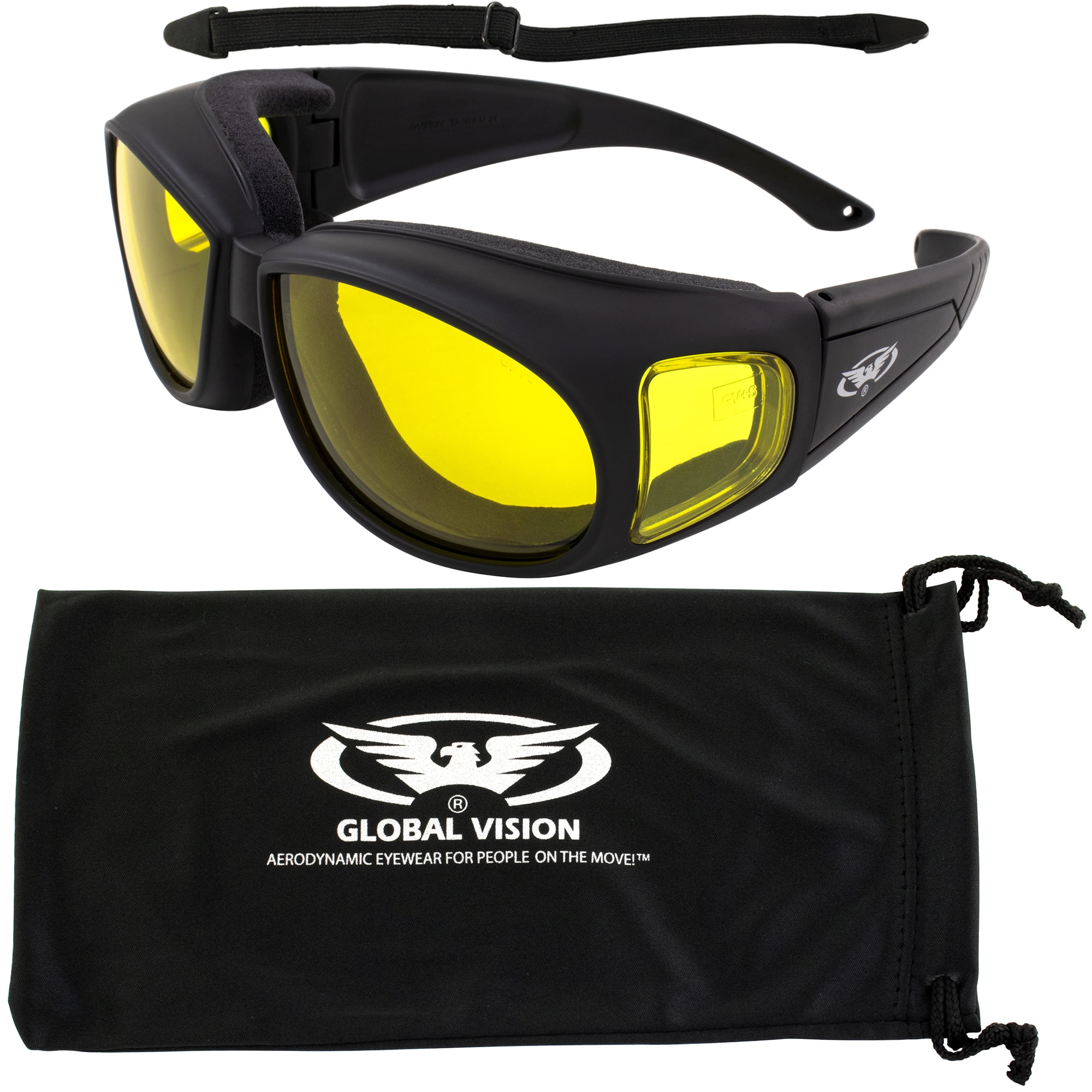 Outfitter Padded Motorcycle Glasses Fits Over Glasses Yellow Lens Pouch Strap