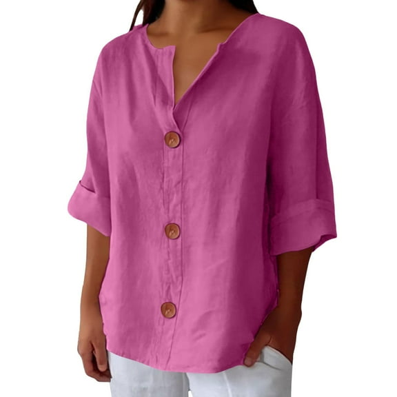 Outfmvch 3/4 Sleeve Tops for Women Cotton Linen Tops for Women Button Down Shirts Long Sleeve Tops for Women Loose Fitting Tops for Women Lantern Sleeve Tops for Women Flowy Tops for Women Pink S