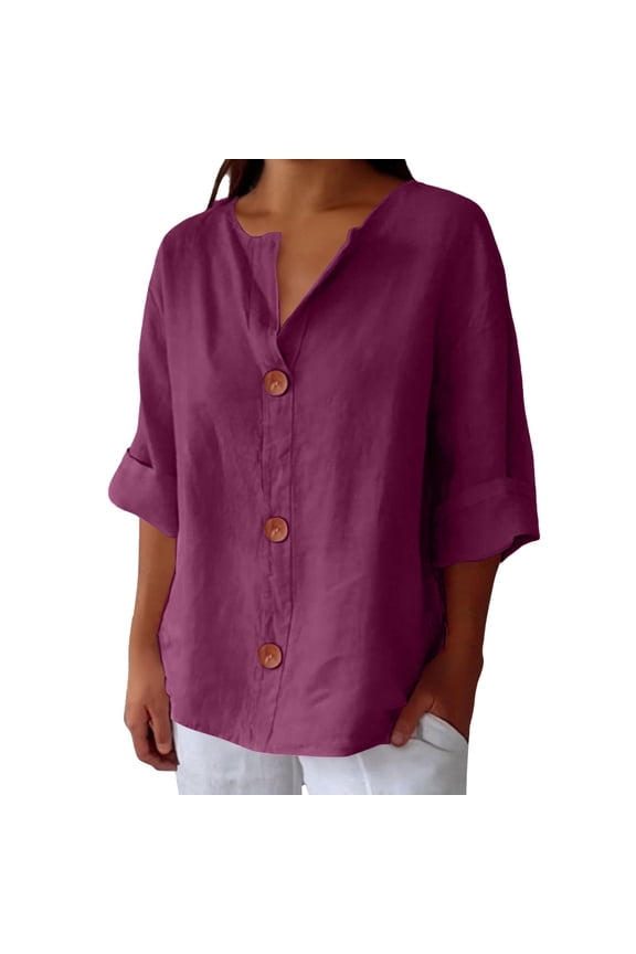 3/4 Sleeve Tops for Women Cotton Linen Tops for Women Button Down Shirts Loose Fitting Tops for Women Womens Vintage Tshirts Linen Shirt Summer Shirts for Women Purple 2xl