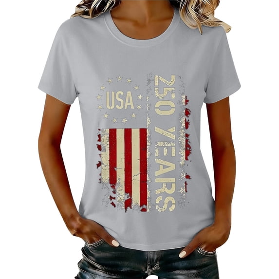 Outfmvch 4th of July Shirts 250 Anniversary Usa Shirt Independence Day Tshirt Patriotic Tops for Women American Flag Tee Tops Short Sleeve Loose Top Graphic T Shirts America Patriotic Tee Gray M
