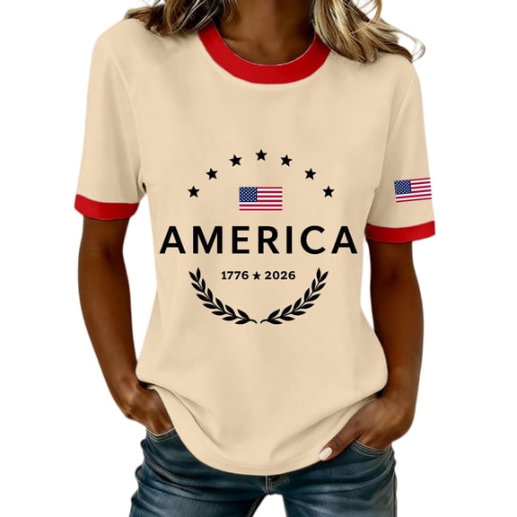 Outfmvch 4th of July Shirts Independence Day Tshirt Patriotic Shirts Tops American Flag Tee Tops Usa Shirt Usa Shirts for Women 250 Anniversary Usa Shirt Short-sleeved Top for Woman Beige XL