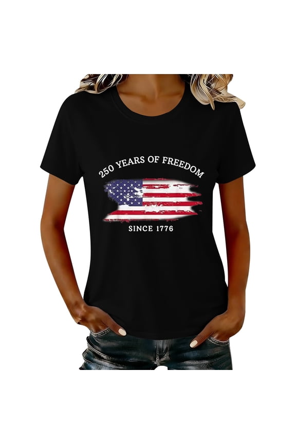 4th of July Shirts Short-sleeved Top for Woman 250 Anniversary Usa Shirt Usa Shirts for Women Spring Patriotic Shirts V Neck Tee T Shirts America Patriotic Tee Short Sleeve Tops Black S