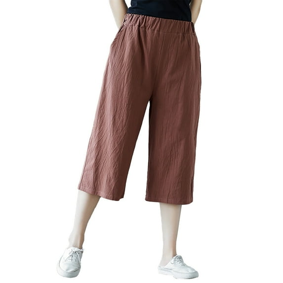 Outfmvch Ankle Pants for Women Cotton Linen Pants Palazzo Pants Women High Waisted Wide Leg Summer Beach Vacation Elastic Waist Cropped Trouser Baggy Capris for Women Pull On Elastic Coffee M-3XL