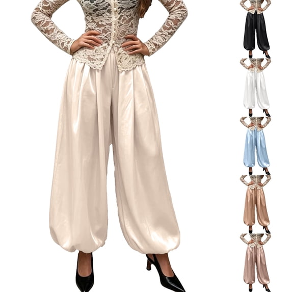 Outfmvch Balloon Pants for Women Shiny Fabric High Waist Front Pleats Wide Baggy Leg Elastic Hidden Side Pockets Dressy Evening Party Summer Daily Office Casual Attire Black S