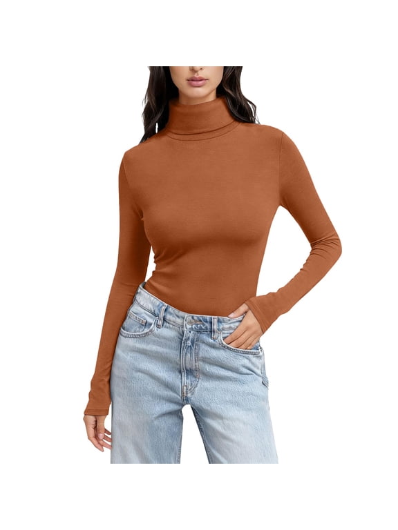 Base Layers Long Sleeve, Mock Neck Women Slim Solid Mock Turtleneck Blouse Slim Stretchy Layer Tee Shirts Solid Casual Tops for Women A1 Khaki S-5XL