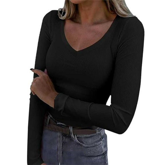 Outfmvch Basic Tops for Woman Double Lined Basic Tee Basic Tees for Women Basic Solid Long Sleeve Slim-fit Slim Fitted Long Sleeve Layering Tee Tops Plain Long Sleeve Shirt Womena3_black L