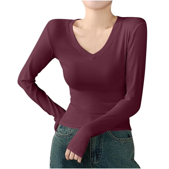 Outfmvch Basic Tops for Woman Long Sleeve Layering Tee Tops Slim Fitted Ribbed Round Neck Scoop Neck Ribbed Knit Stretch Crewneck Long Sleeve Slim-fit Thermal Shirts for Womena1_purple L