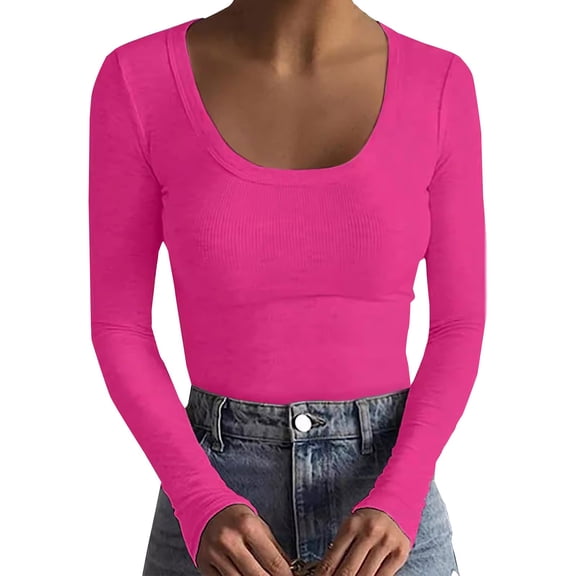 Outfmvch Basic Tops for Woman Long Sleeve Slim-fit Stretch Scoop Neck Ribbed Knit Thermal Undershirt Slim Fitted Basic Solid Basic Tees for W Scoop Neck Long Sleeve Tops for Womena2_hot Pink S