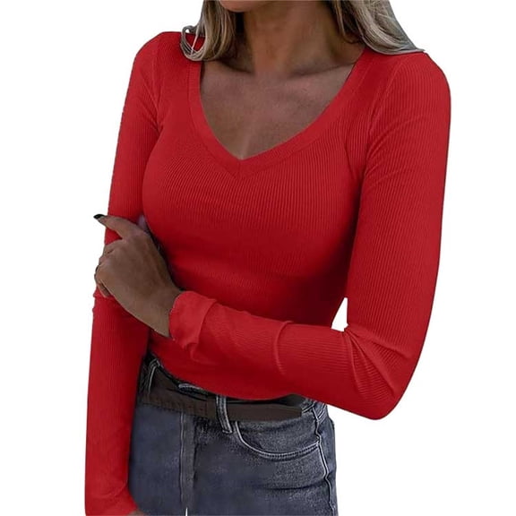 Outfmvch Basic Tops for Woman Ribbed Round Neck Slim Fitted Scoop Neck Ribbed Knit Basic Tees for Women Stretch Crewneck Long Sleeve Slim-fit Long Sleeve Fitted Shirt Womena3_red S