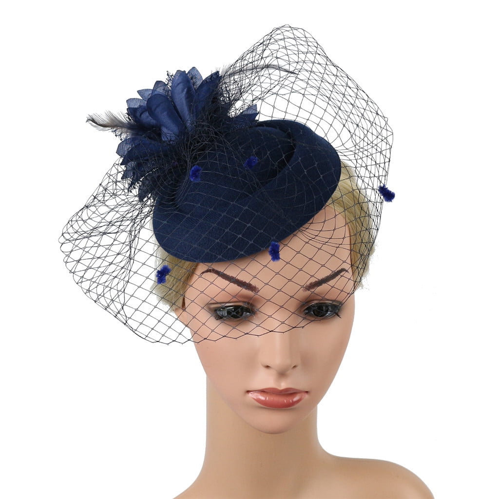 Dark navy blue Veiled Pillbox Hat — Women\'s Classic Cocktail Accessory BELLINDA - Navy Blue Pillbox Hat With Vintage Birdcage Veil  main image 4