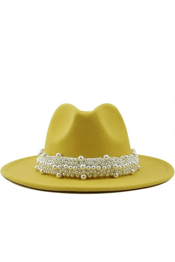 Beanie For Women Cowboy Hat Women'S British Style Fashion Elegant Jazz Hat Pearl Ring With Top Hat Big Brim Hat Ladies Woolen Hat Satin Bonnet Yellow M