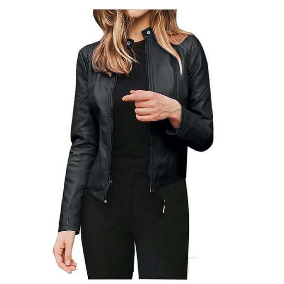 Outfmvch Blazer For Women 2023 Leather Jacket Long Sleeve Open Front Short Cardigan Suit Jacket Coat Top Womens Blazer Black S
