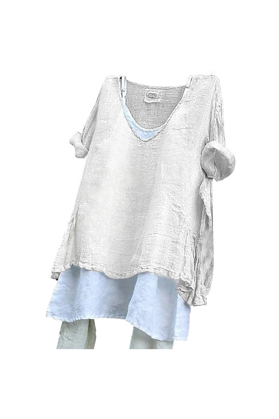 Blouses for Women，Tunic Tops，Gauze Shirts for Women，Oversized Tshirts for Women，Summer Shirts for Women，Cotton Gauze Tops for Women，3/4 Length Sleeve Womens Tops，T Shirts for Women White，2XL