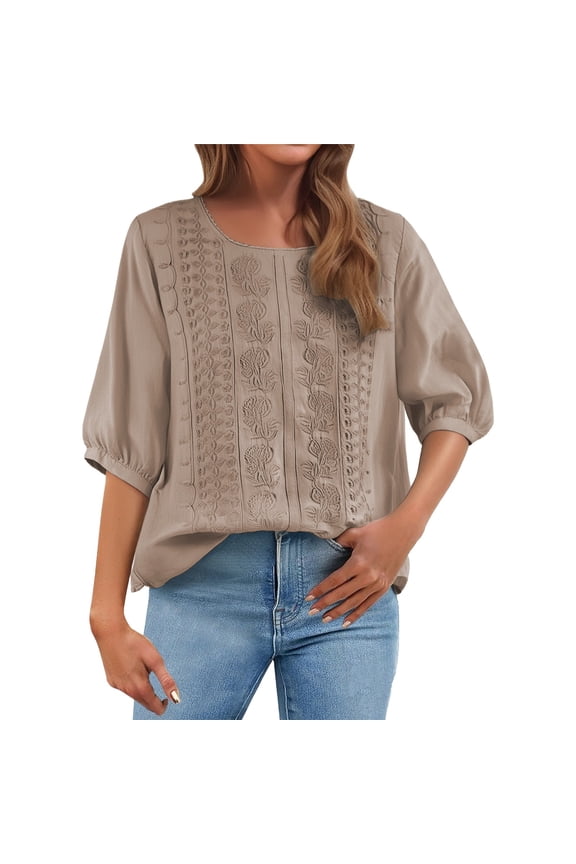 Boho Tops for Women Cotton Tunic Embroidered Shirts for Women Retro Tops for Women Linen Shirts for Women Work Shirts for Women Business Casual Tops for Women Brown M