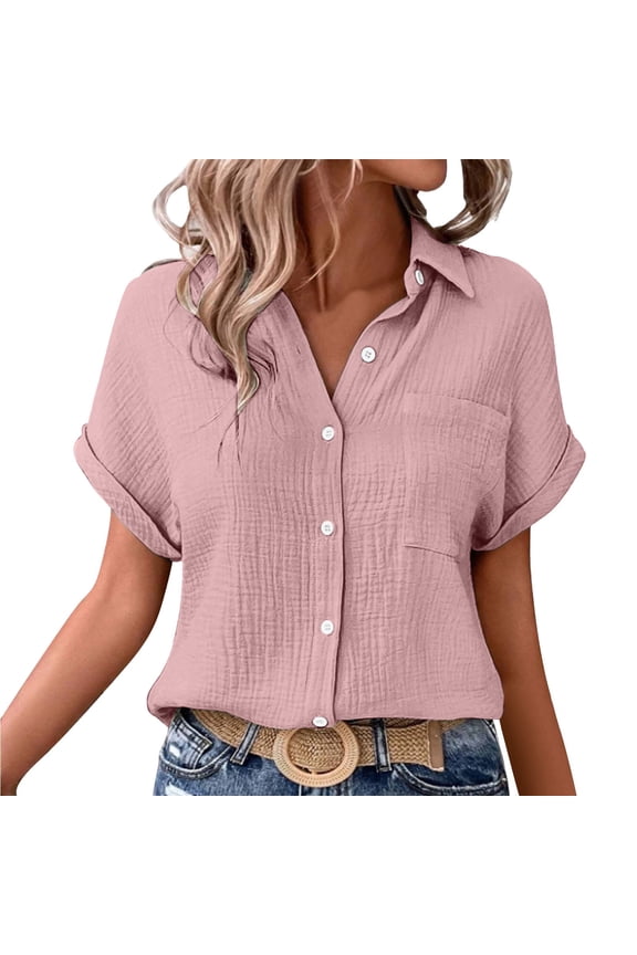 Button Down Shirts Summer Loose Fit Beach Tops Batwing Sleeve Pocket Patched Shirt Casual Loose Fit Tunic Button Down Shirts Roll Up Loose Fit Tunicsa1_pink 2xl