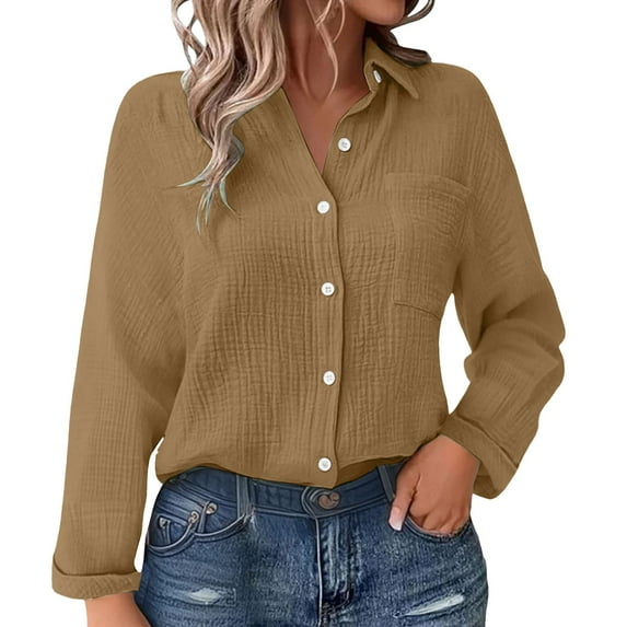 Outfmvch Button Down Shirts for Women Linen Shirts for Women Gauze Blouses for Women Loose Fit V Neck Ladies Blouse Cotton Linen Pleated Belt Pocket Coffee S