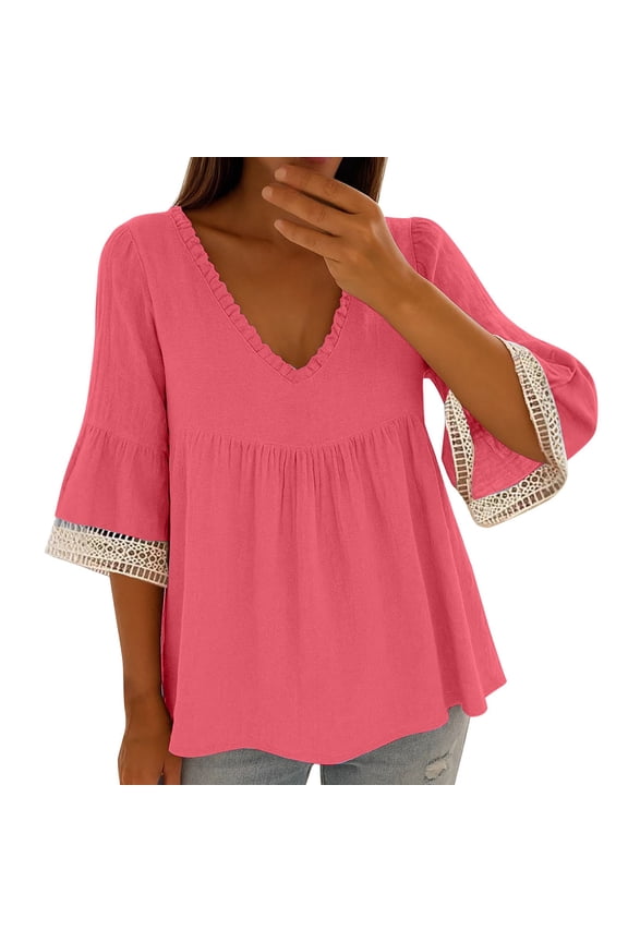 Button Down Shirts for Women Roll Up Short Sleeve Cotton Linen Boho Ethnic Style Peasant Tee Summer Collared Tops Crewneck Button Blouse Casual Tunic Watermelon Red L