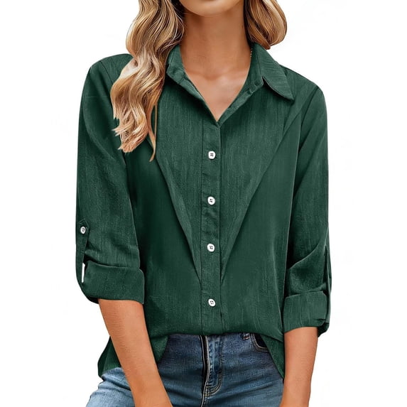 Outfmvch Button Down Shirts for Women Solid Color Business Button Down Shirt Polo Short Sleeve Shirts Linen Shirts for Women Linen Cotton Shirts Tops for Women Gauze Shirt Shirts for Women Green L
