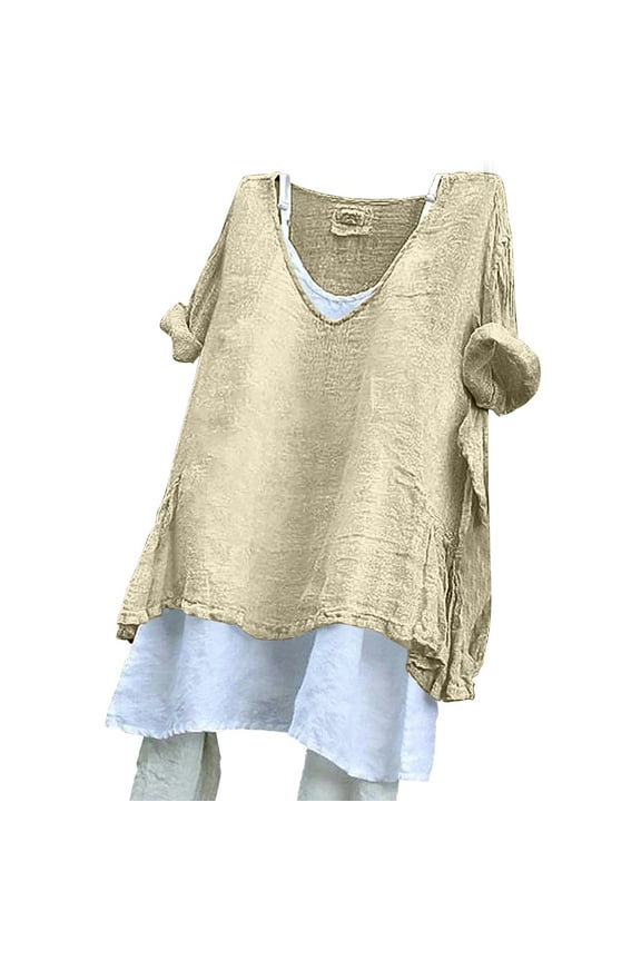 Button Up Tops for Women Loose Fit Tunic Cotton Linen Embroidered Tops Linen Button Down Shirt Women V Neck Casual Half Sleeve Casual Blouses Beige L