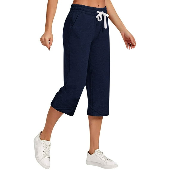 Outfmvch Capri Palazzo Pants Beach Pant Gauze Pants Flowy Pants for Women Petite Cotton Linen Casual Summer Capris Drawstring with Pockets Loose Fit Wide Leg Palazzo Pants with Pockets Navy S-3XL