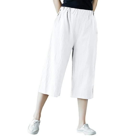 Outfmvch Capri Palazzo Pants Boho Pants for Women 2026 Drawstring Elastic Waist Summer Outfits 2026 Trendy Wide Leg Crop Pants Palazzo Pants Capris Drawstring with Pockets Beach Pant White M-3XL