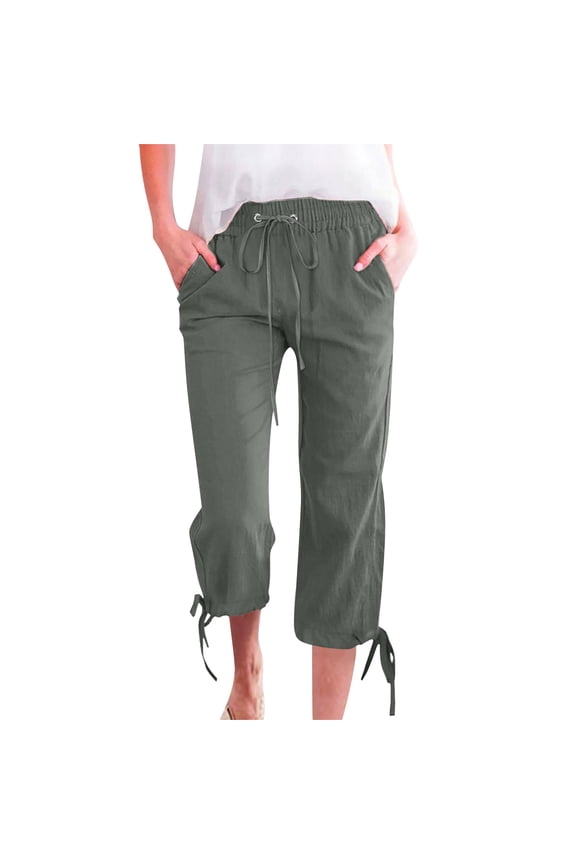 Capri Palazzo Pants Gauchos for Women Capri Pants with Lace Side Straight Wide Leg Elastic Waist Trousers Cropped Lounge Trousers Yoga Capris with Pockets Pull On Elastic Army Green S-3XL