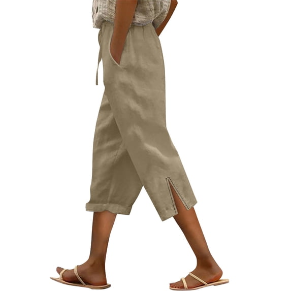 Outfmvch Capri Pants for Women Cropped Linen Pants Women Summer Outfits Linen Palazzo Trousers Drawstring Elastic Waist Loose Flowy Pants Capris Drawstring with Pockets Gauze Pants Khaki S-3XL
