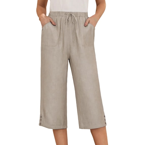 Outfmvch Capri Pants for Women Straight Wide Leg Paper Bag Pants Pull On Elastic Boho Pants for Women 2026 Cotton Linen Pants Linen Palazzo Trousers High Waist Drawstring Women's Culottes Khaki S-2XL
