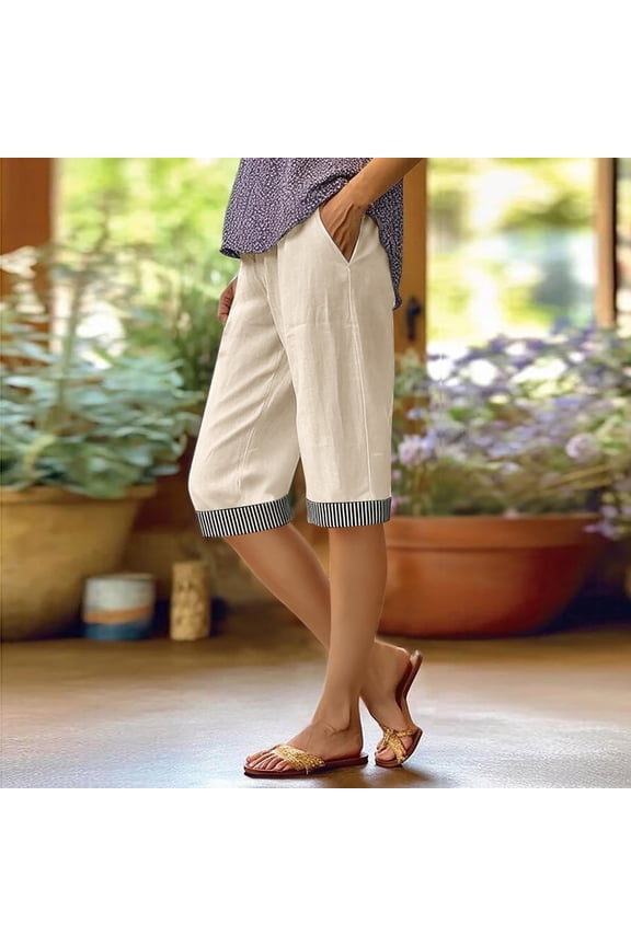 Capri Pants for Women baggy shorts women crop pants for women Linen Shorts straight leg linen pants Elastic High Waist dress shorts for women Straight Wide Leg gaucho pants for women Beige L