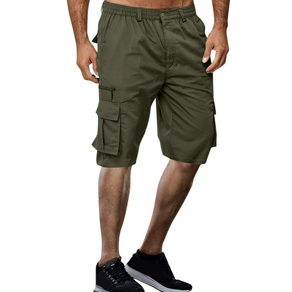 Outfmvch Cargo Pants For Men Mens Shorts Male Summer Straight Solid Cargo Pant Elastic Waist Zipper Fly Pocket Shorts Cropped Pants Long Johns For Men Army Green L