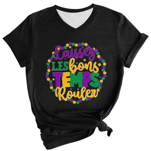 Outfmvch Carnival Shirts for Women's Mardi Gras Short Sleeve Top Flowy Sleeve Tops for Women Tie Dye Shirt Women Mardi Gras Shirts Women's T Shirt Plain Tshirts for Women Black Xl