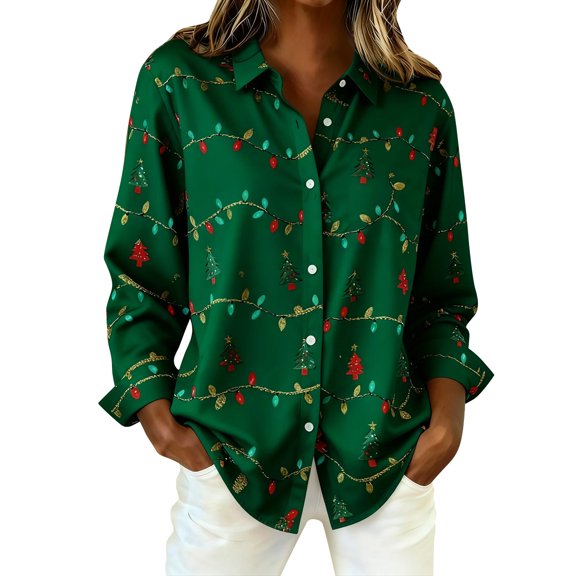 Outfmvch Christmas Shirts for Women, Women's Casual Christmas Plaid Shirt Fall Winter Plaid Xmas Patchwork Long Sleeve Outift A1 Green S-5XL