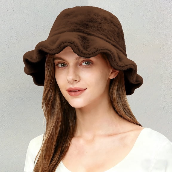 Outfmvch Cold Cap Women's Faux Fur Bucket Hats Fluffy Winter Warm Ladie's Unique Wide Brim Fisherman Cap Winter Hat and Scarf Brown One Size
