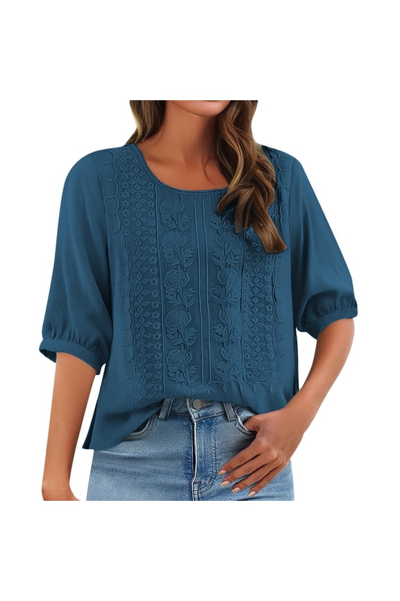 Cotton Blend Tops for Women Boho Tops for Women 2026 Loose Fit Cotton Blouses Cotton Linen Tunic Tops Crewneck Button Blouse Short Sleeve Gauze Tops Navy 2 L