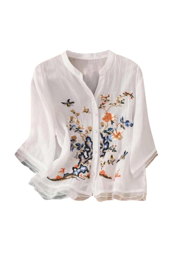 Cotton Blend Tops for Women Cotton Linen Tunic Tops Cotton Linen Tops for Women V Neck Embroidered Shirt V Neck Button Tunic Tshirt Floral Embroidered Boho Tops A1 White 2XL