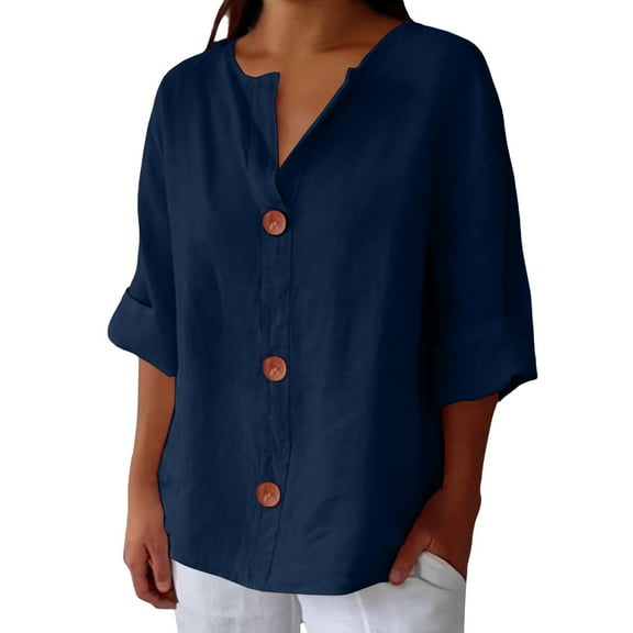 Outfmvch Cotton Button Down Shirt Short-sleeved Shirt Summer Trendy Vacation Fashion Clothes Tunic Tops Dressy Blouses for Women Rolled Cuffed Button Down Cotton Shirts Women Blue 2 Xl