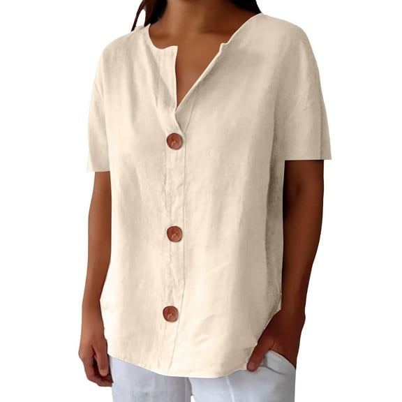 Outfmvch Cotton Button Down Shirt Vacation Fashion Clothes Button Down 3/4 Sleeve Button Down Linen Blouse Henley Shirts Cotton Linen Summer Trendy V Neck Women's Linen Blouse Beige 2xl