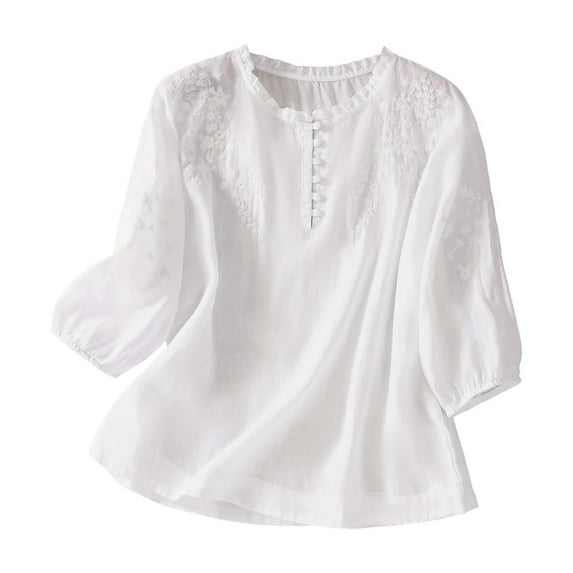 Outfmvch Cotton Button Down Shirts for Women Summer Collared Tops Cotton Dress Shirt Loose Fit Cotton Blouses Casual Tunic Tops Loose Gauze Tunics Loose Fit Blouses White M