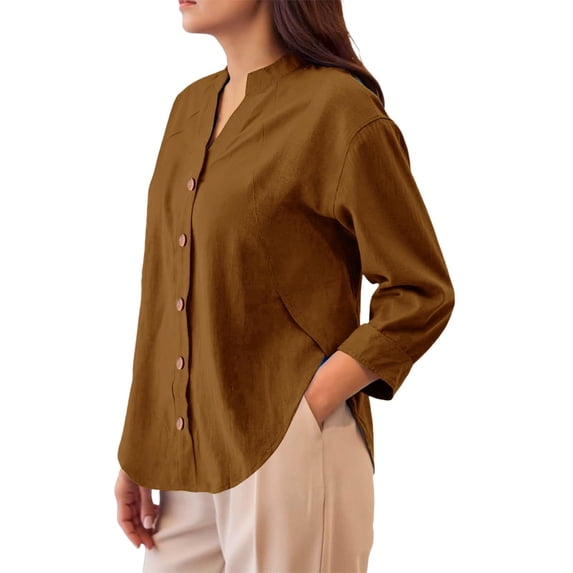 Outfmvch Cotton Button Down Shirts for Women V Neck Casual Summer Collared Tops Linen Tops for Women Boho Linen Shirts for Women Cotton Linen Roll Up Short Sleeve Brown 4XL