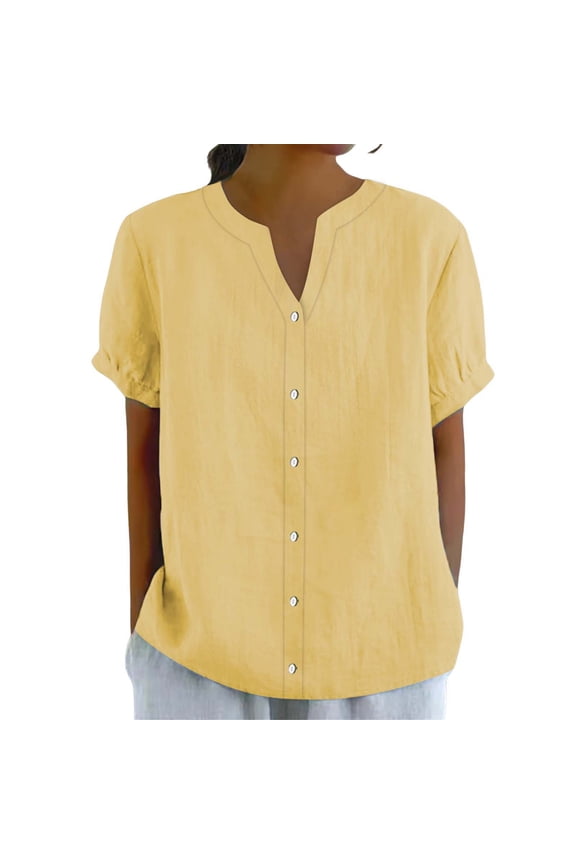 Cotton Button Down Shirts for Women V Neck Tops Outfits Loose Gauze Tunics Cotton Linen Embroidered Tops Short Sleeve Beach Tees Cotton Linen V Neck Blouses Yellow 2XL