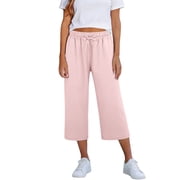 Outfmvch Cotton Capri Pants Linen Pajamas Cropped Pant Pedal Pushers for Women Lounge Pant Straight Leg Linen Capri Pants Flowy Pants for Women Beach Breathable Lounge Bottom Light Pink L